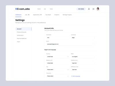 Job Finder Dashboard Account Settings application career dashboard employer hiring hiring platform hr hr management job find job finder job platform job portal job search job seeker product design recruitment saas vacancy web design work