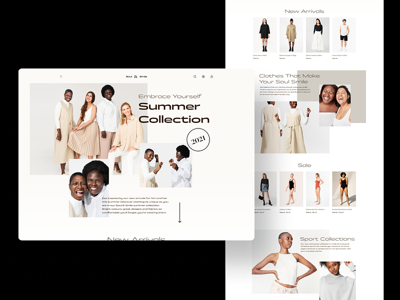 Soul & Smile - Home Concept black brutalism brutalist design clothes collection desktop ecommerce ecommerce business ecommerce design fashion home homepage models photoshoot premium shop ui