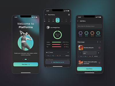 Platforma - training programs & meal plans mobile app dark theme fitness meal plan menu mobile app nutrients sport app