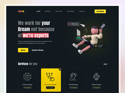 Team 99 Digital Agency Landing Page 3dillustratin agency branding business companywebsite creativedesign darkmode designconcept designservice hireteam homepage landingpage productdesign webdesign