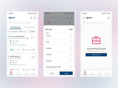 Vokatek - Explore Jobs page 📱 app design bottom sheet dark blue explore page job portal mobile app mobile design mobile ui navy blue pink product design ui ui design uiux ux ux design