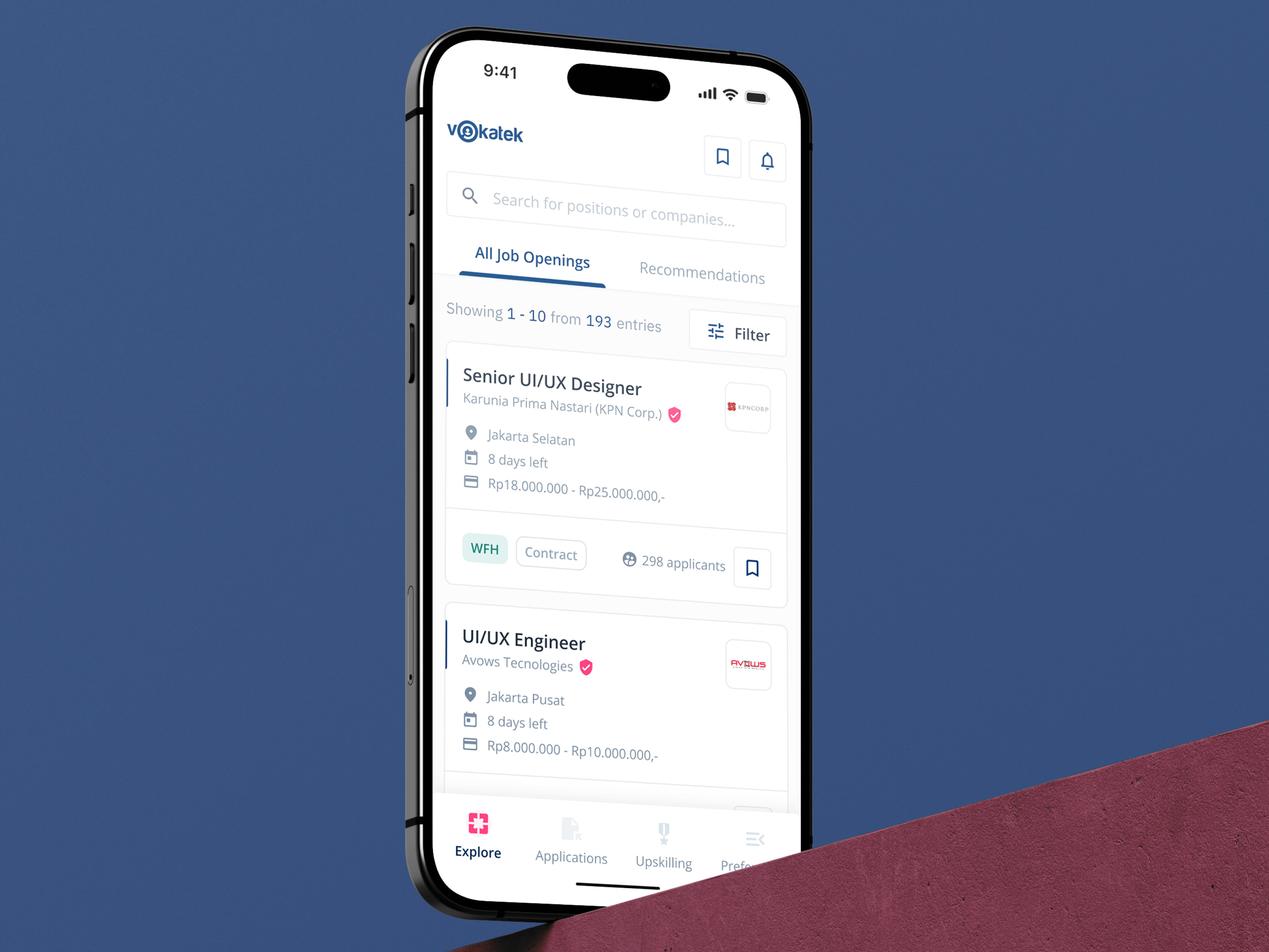 Vokatek - Explore Jobs page 📱 app design bottom sheet dark blue explore page job portal mobile app mobile design mobile ui navy blue pink product design ui ui design uiux ux ux design