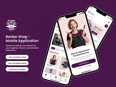 Barber Shop - Mobile Application apointment app beauty beauty app beauty artist beauty service booking creative design haircut ios app mackeup minimal mobile online parlour app salon spa treatment welness app