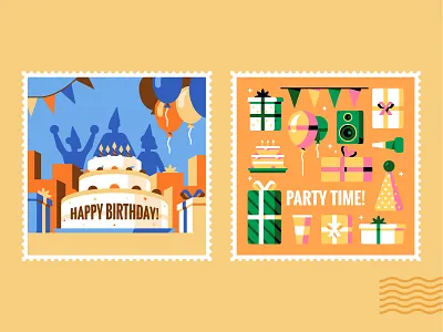 Kudoboard - Birthday cards 1 balloon birthday cake card character design flat geometric greatings illustration office party present