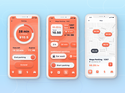 Car Parking Mobile App app auto car car parking interface ios iphone mobile neumorphism orange parking ux