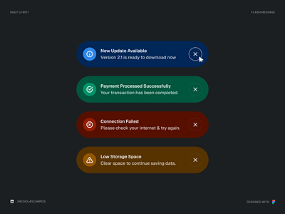 Daily UI #011 - Flash Message 011 clean colored colors dailyui dailyuichallenge dark darkmode error info message messages minimal minimalistic notification notifications success toast toasts uidesign