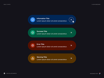 Daily UI #011 - Flash Message 011 clean colored colors dailyui dailyuichallenge dark darkmode error info message messages minimal minimalistic notification notifications success toast toasts uidesign