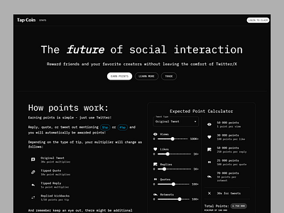 Social Rewards Crypto Platform blockchain community growth crypto economy crypto incentives data dashboard digital tokens interactive ui modern ui rewards system social finance social rewards twitter integration ui design user engagement ux design ux ui web design web3 interaction web3 platform website