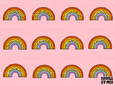 Zodiac Rainbows astrology design drawing horoscope illustration lettering lgbt pride pride month procreate rainbow typography vintage zodiac zodiac sign zodiac signs