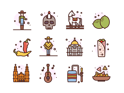 Mexico buildings culture food icons illustration mexico tourism