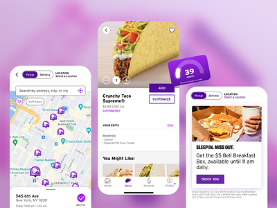 Fast Food Ordering App breakfast box covenient food crunchy culinary experience design fast food app fast food cusinee fast food delivery food app food delivery food order meal app menu mobile interface mobile ordering product page purple restaurant app taco user friendly app