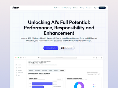 AI Performance Monitoring Platform ai analytics ai metrics ai monitoring ai performance ai visualization data insights data platform fairness analysis llm optimization machine learning model performance modern interface monitoring platform software platform ui design user experience ux design ux ui web design website