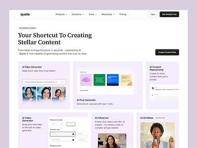 AI Content Creation Platform Website ai automation ai content ai technology brand identity card ui content creation content creator digital product intuitive ux marketing tool productivity tool social media ui design user friendly ux design ux ui video generator web design web platform website