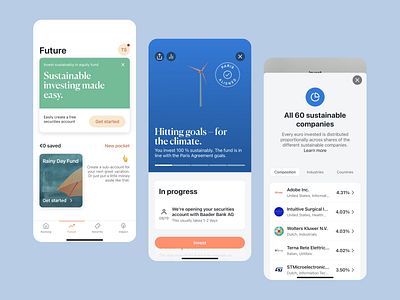 Climate Investing App - Futuristic Concept app banking app clean layout climate investing finance financial app futuristic concept interface investment sleek design stock stock market sustainable sustainable future sustainable investment user experience ux design white theme wind turbines windmills