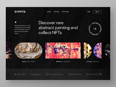 SWRiTS NFT Marketplace Website art crypto cryptoart cryptocurrency dark header marketplace nft nfts painting token ui ui design ux web website website design