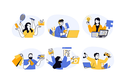 Multitasking Work Illustrations business cartoon concept design flat graphic illustration landing manager multitasking page people person scene situations time vector web website work