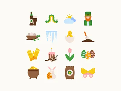 Spring Vibes Icons beer bunny butterfly cake cartoon chick easter egg flat flower icicle icons illustration leprechaun minimalistic nest pack spring st patrick vector