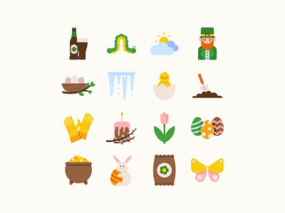 Spring Vibes Icons beer bunny butterfly cake cartoon chick easter egg flat flower icicle icons illustration leprechaun minimalistic nest pack spring st patrick vector