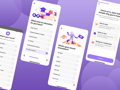 Dating App Questionnaire chatting clean layout dating app dating quiz education level intentions love minimalistic design mobile app mood tracking purple questionaire relationship relationship builder responsive design soul soulmate finder ui design user experience white space