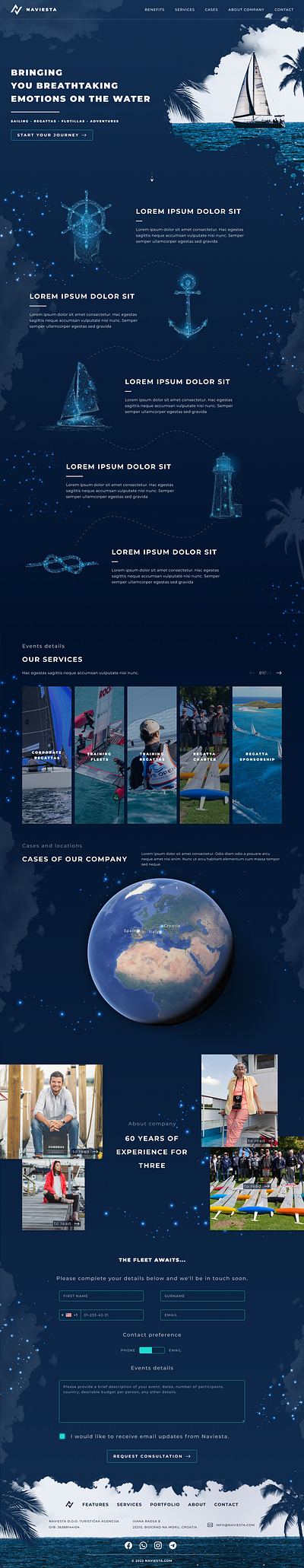 Sailing events company UX/UI design 3d animation branding design events figma graphic design landing logo motion graphics sailing sea trips ui ux vector web design