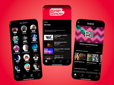 Hip-Hop Music App artist clean clip contemporary music dance dark themed hip hop artists hiphop live streams modern ui music music app music radio playlist rap red layout sleek sounds streaming app trendy