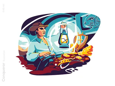 Lucky male hunter finding treasure character flat gold illustration kit8 man tomb treasure vector