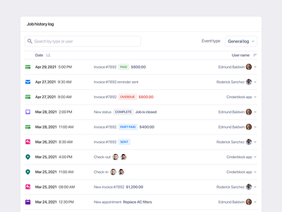 History log application dropdown form history icons interface list log management payments product design table ui web