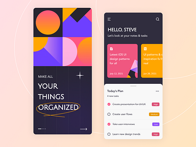 Task Organizer app branding clean clean ui dailytasks dark design flatdesign gradient illustration minimal mobileapp notebook notes organize pattern tasks ui ux visual design