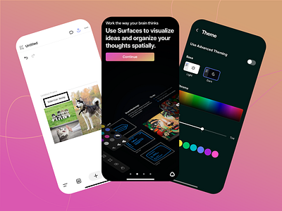 Sketchs App - Untitiled app brain brainstorming canvas clean interface color design dark theme design palette digital design ideas light theme mobile ui notes pink layout redesign surfices task organization thoughts visualization app work ideas