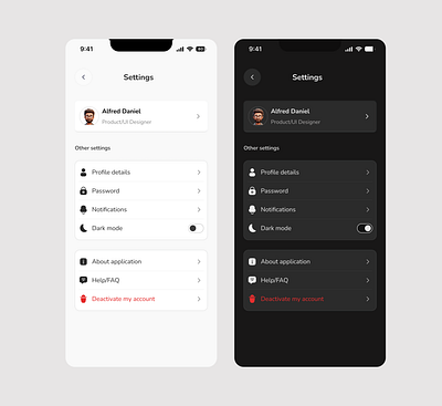 Settings Page for a mobile app (light & dark mode) mobile app typography ui