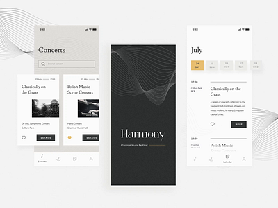 Classical Music Festival app concept aestethic animation black and white bottom sheet calendar cards carousel classical music event app festival app festival map grain interaction map music music event music festival schedule splash screen ui