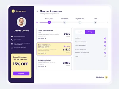 Car Insurance app design car car insurance experience design insurance menu navigation payment pricing stepper subscription uiux ux design vehicle visual design web design