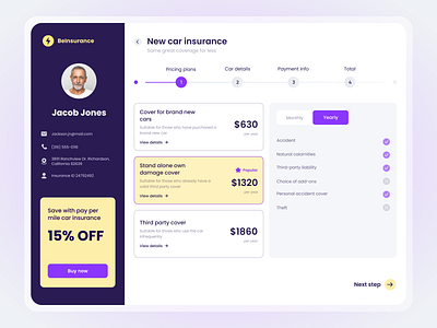 Car Insurance app design car car insurance experience design insurance menu navigation payment pricing stepper subscription uiux ux design vehicle visual design web design