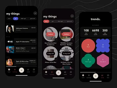 Organization App - Dark UI account organization app inspiration checkout dark ui earnings hallowen costume headphones item list learning tab mobile app mobile dairy my things night time organization app savings spendings time tracking trends ui design wishlist