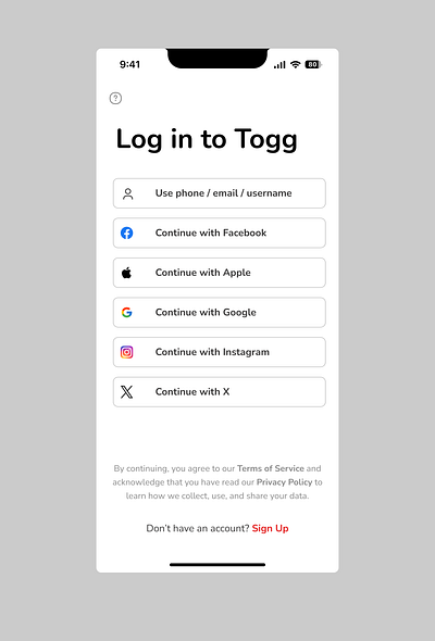 Log in page for Togg mobile app log in mobile app ui