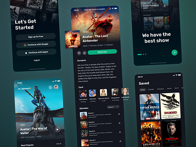 Cinepix - Movie Detail, Sign In, Home, Saved Movie, On Boarding amazon app avatar avengers box cast cinema dark hotstar marvel mobile movie netflix office onboarding prime signup thumbnail ui design ux