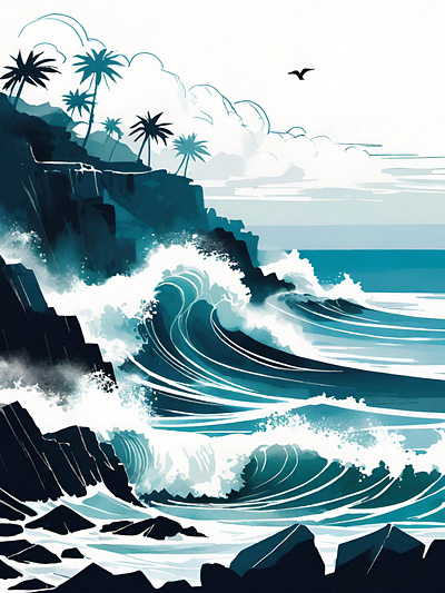 Cliff side surf cliff cliffs coast coastal coastline illustration nature ocean surf watercolor waves