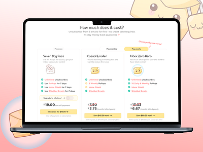 Email Management Service (Pricing Page) cartoon theme credit card digital marketing easy payments email features email management email marketing email service guarantee one time payments pastel color palette personal account pricing pag e productivity service plans trial ui user experience webpage weekly rollups