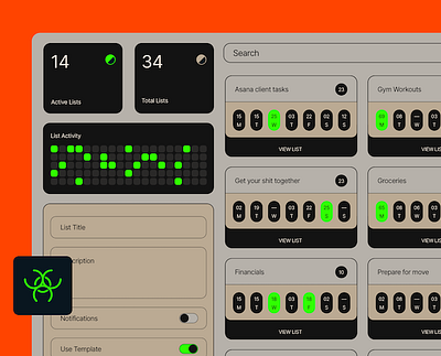 Four Two Zero Desktop alien app bento black contrast dark desktop flat green islands neon orange panels rounded todo todos toxic ui ux