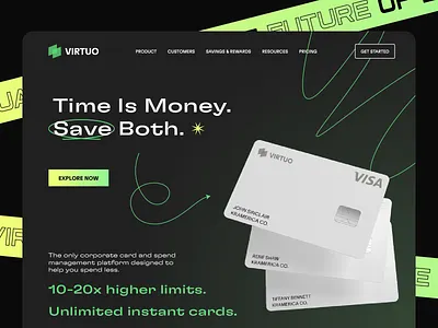 VIRTUO - Finance Landing Page Design bank card banking banking app banking website clean credit card defi fintech fintech website hero header landing landing page minimal mobile banking neobank neobank landing product page ui