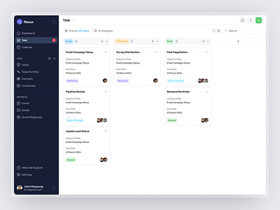 Nexus - Tasks Kanban View CRM Dashboard Webapp Saas crm crm dashboard dashboard design nexus crm nexus dahboard ui ui kit ux web app web builder