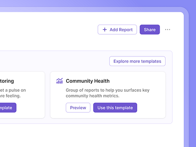 Dashboard Templates Explorations callout cards community cta dashboard graphs insights library preview product design purple reporting saas templates tile ui ui design ux design