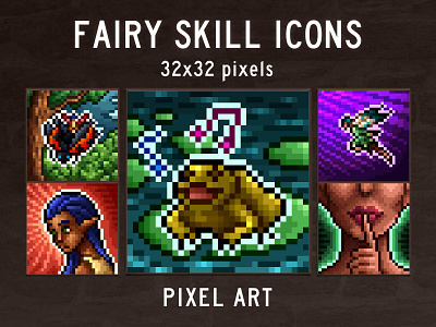 Fairy Skill Icons 2d 32x32 art asset assets fairy fantasy game assets gamedev icon icone icons indie indie game mmorpg pixel pixelart pixelated rpg skill