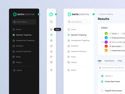 Datassential - Navigation dark mode light mode menu bar minimal minimalism nav nav menu navigation product product design sidebar ui ui design user interface web app web application