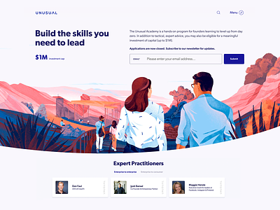The illustration for the wonderful Unusual project blue character download eco freebies graphic design header hero illustration landing man nature noise pink team teamwork ui web website woman