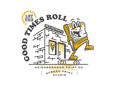 Let the Good Times Roll character draw illustration man memphis neighborhood print company print shop pushing screen printing skate skateboard squeegee