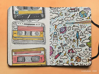 Inktober 2022: Cassette Tape + Space Scene cassette tape drawing illustration ink inktober journal markers moleskine music outer space pen sketchbook