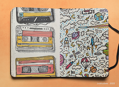 Inktober 2022: Cassette Tape + Space Scene cassette tape drawing illustration ink inktober journal markers moleskine music outer space pen sketchbook