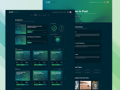 Pixel Academy Screens app cards dark mode dashboard lms mobile tiles ui