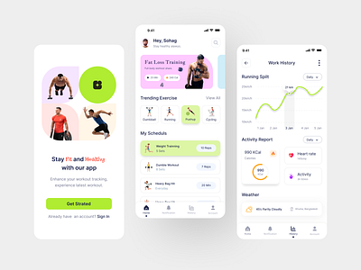 Fitness & Workout App app calendar cards colorful dark diet draft empty screen fitness gym illustration interface ios minimal personal trainer stats ui ux workout yoga